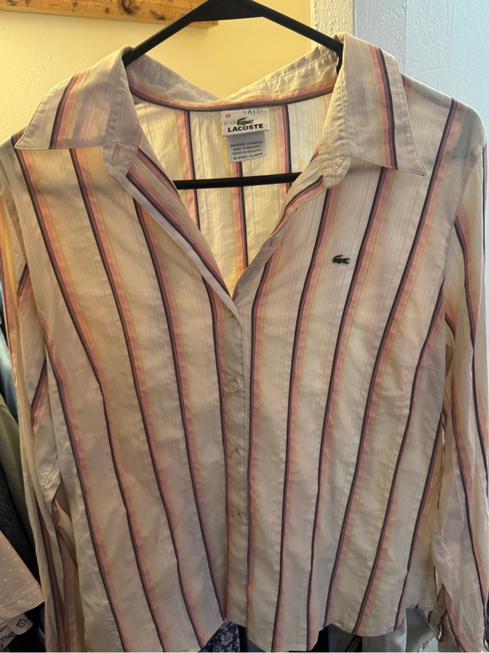 Lacoste Women’s Striped Button-Down Shirt in Cream, Pink & Blue